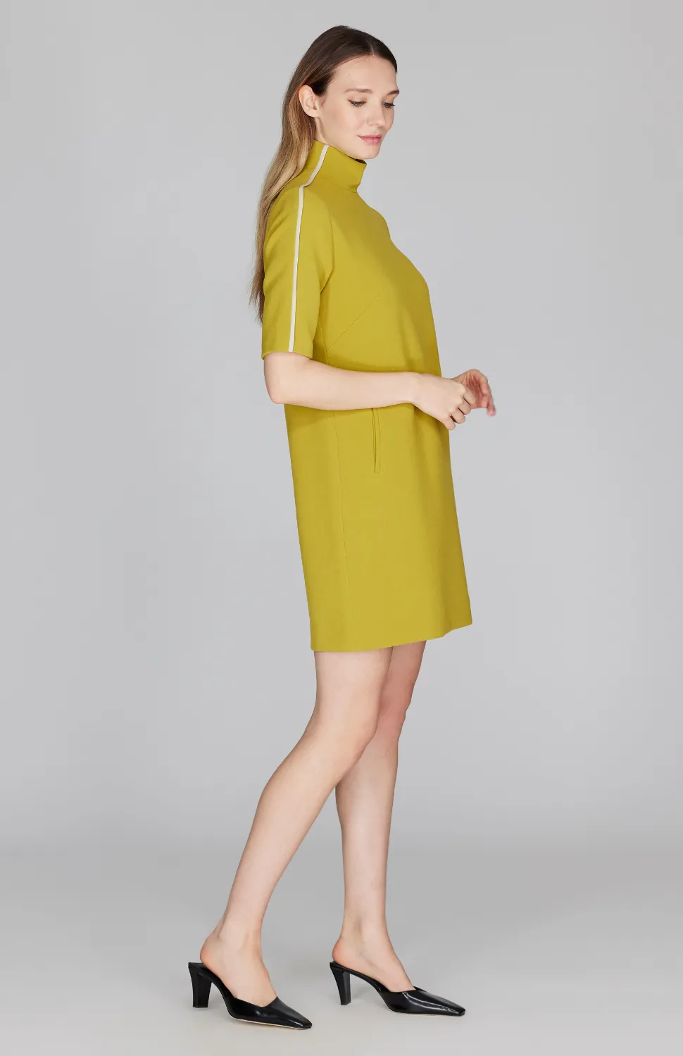 Double Face Turtleneck Shift Dress w/Contrast Bias