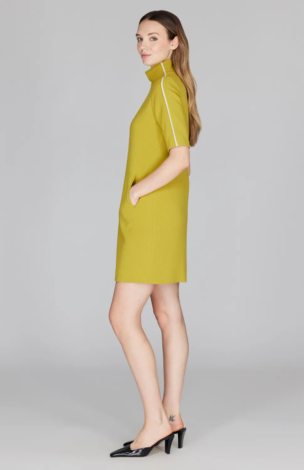 Double Face Turtleneck Shift Dress w/Contrast Bias