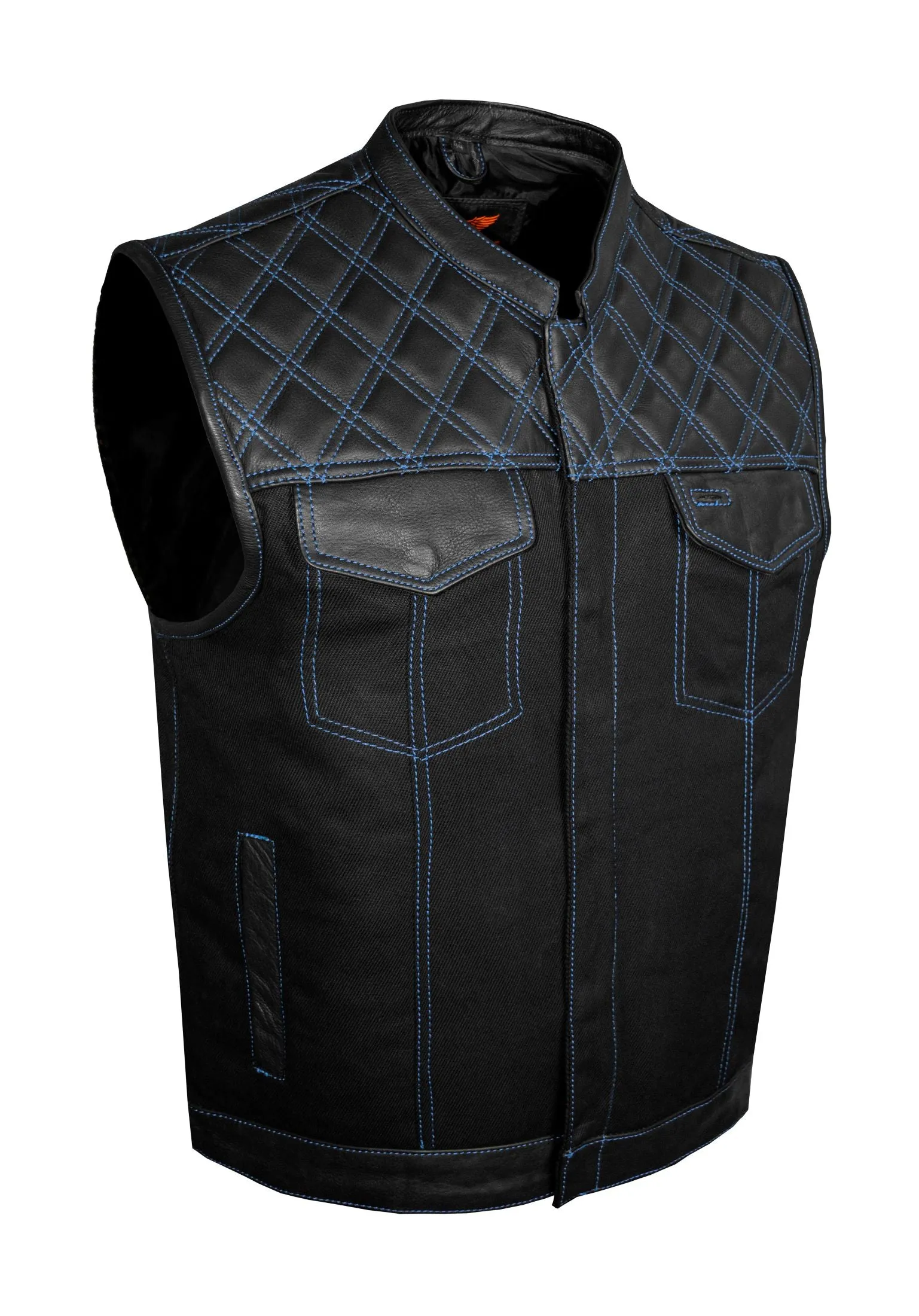 Dream Apparel Mens Black Club Vest Diamond Design Blue Thread Leather & Denim