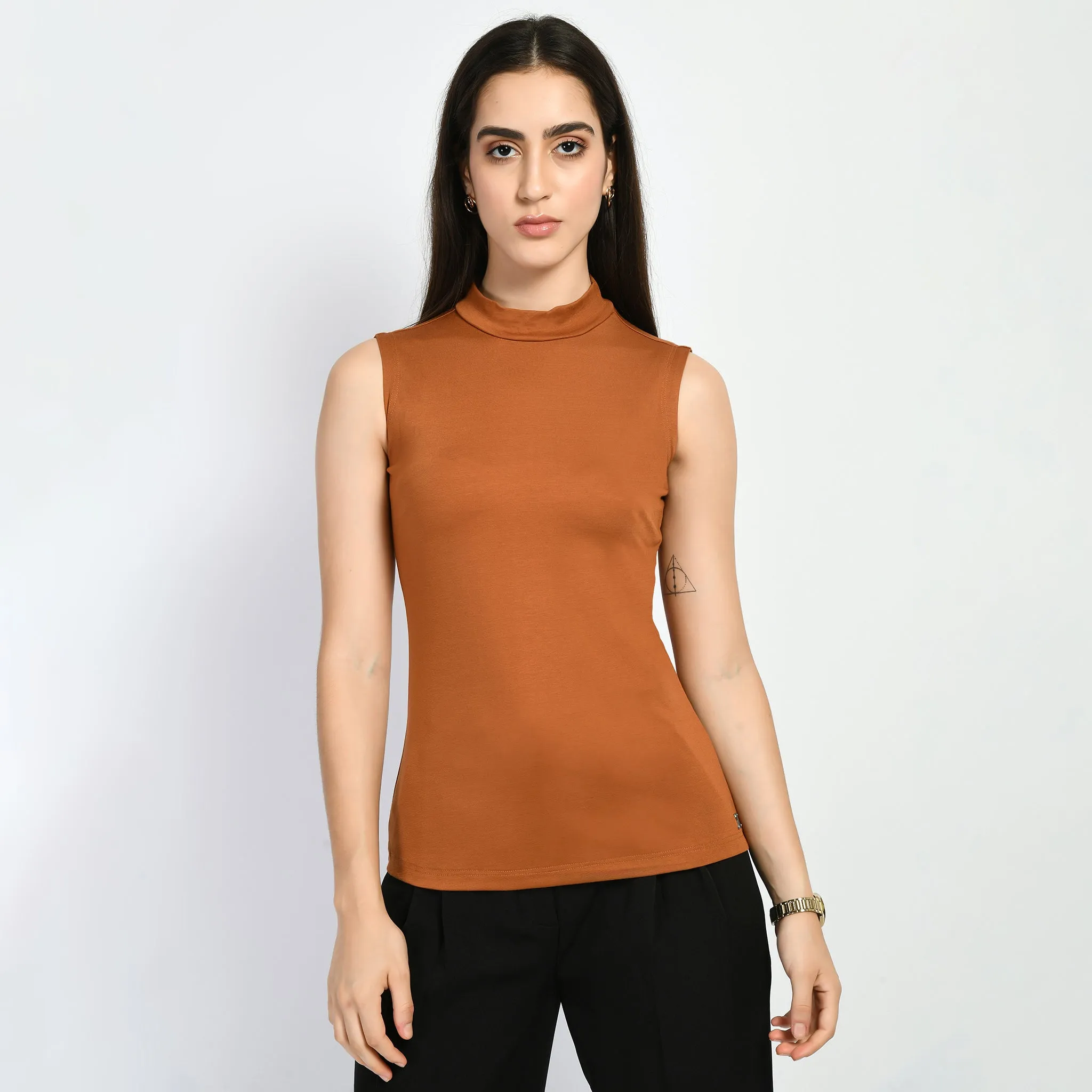 Exude Charm High-neck Sleeveless T-shirt (Tan Brown)