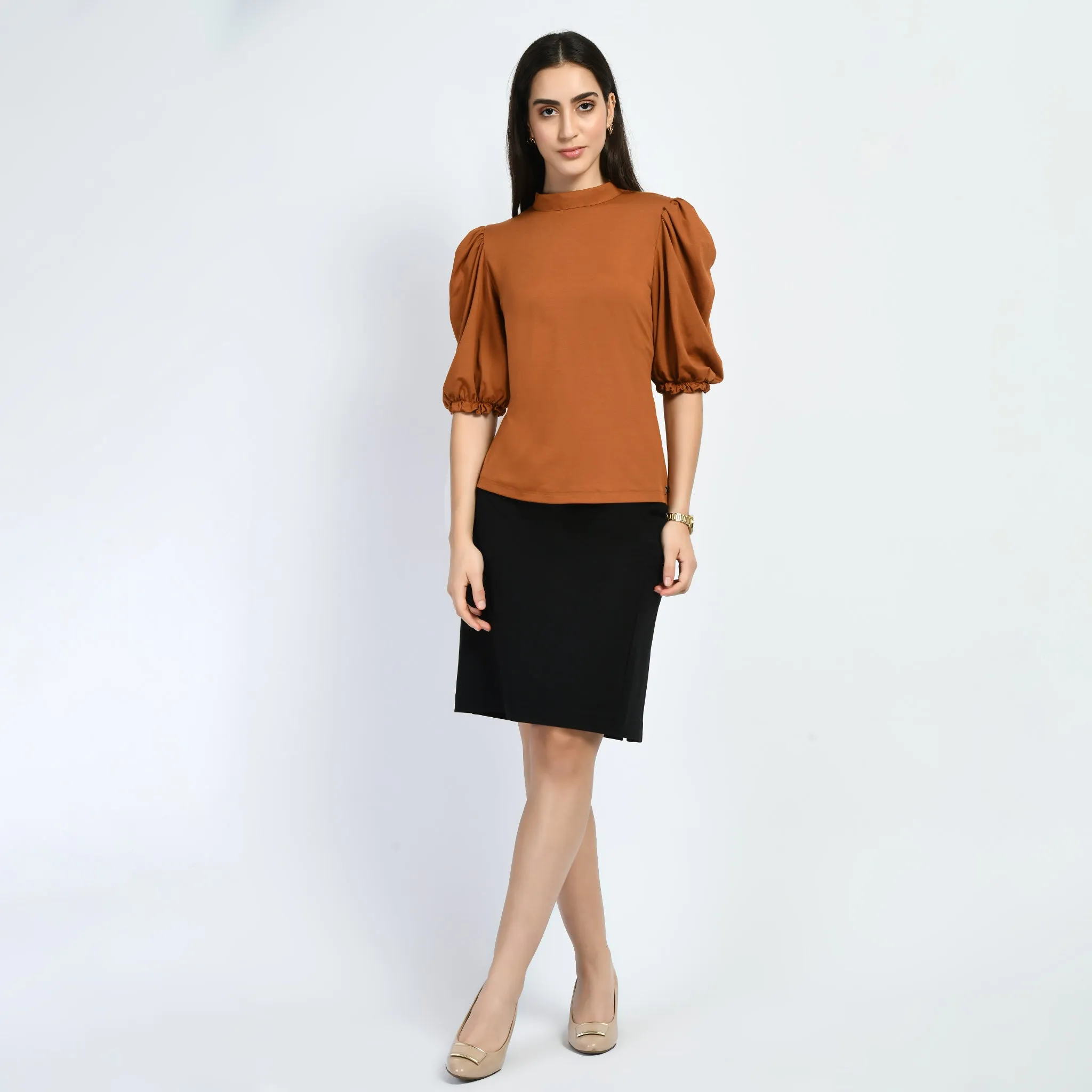 Exude Glamour Puffed Sleeves T-shirt (Tan Brown)