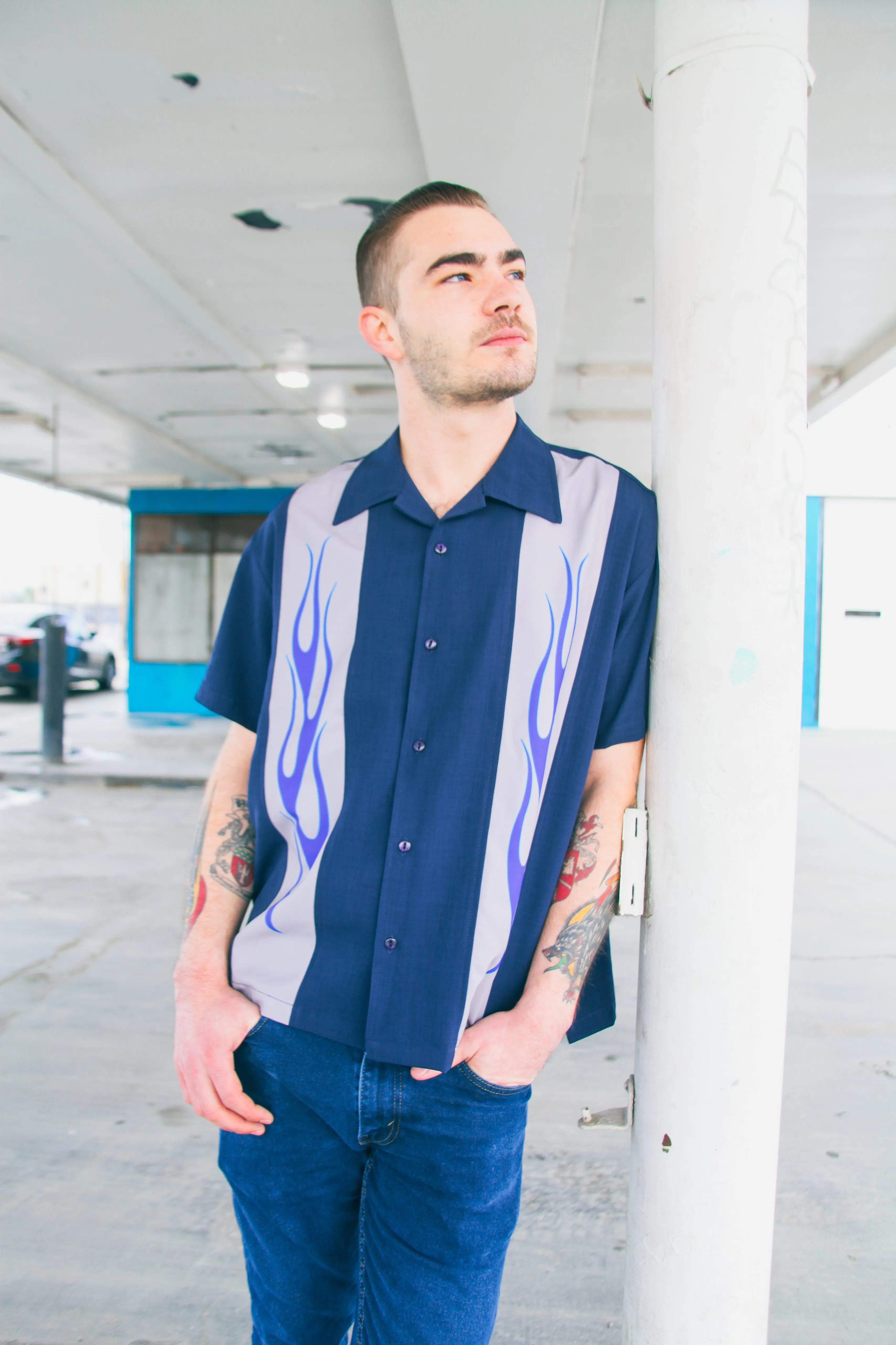 Flame N Hot Bowling Shirt in Navy