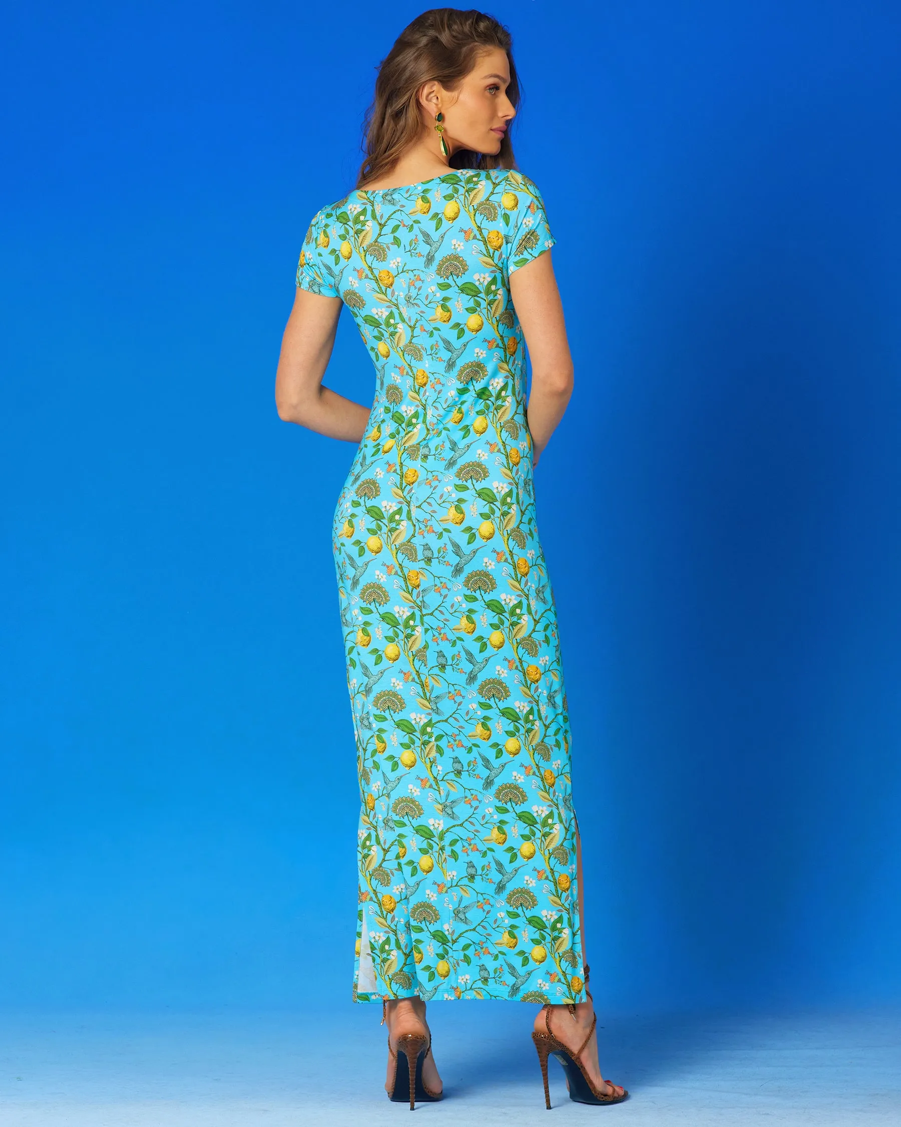 Flora Long Stretch Dress in Turquoise Hummingbird Print