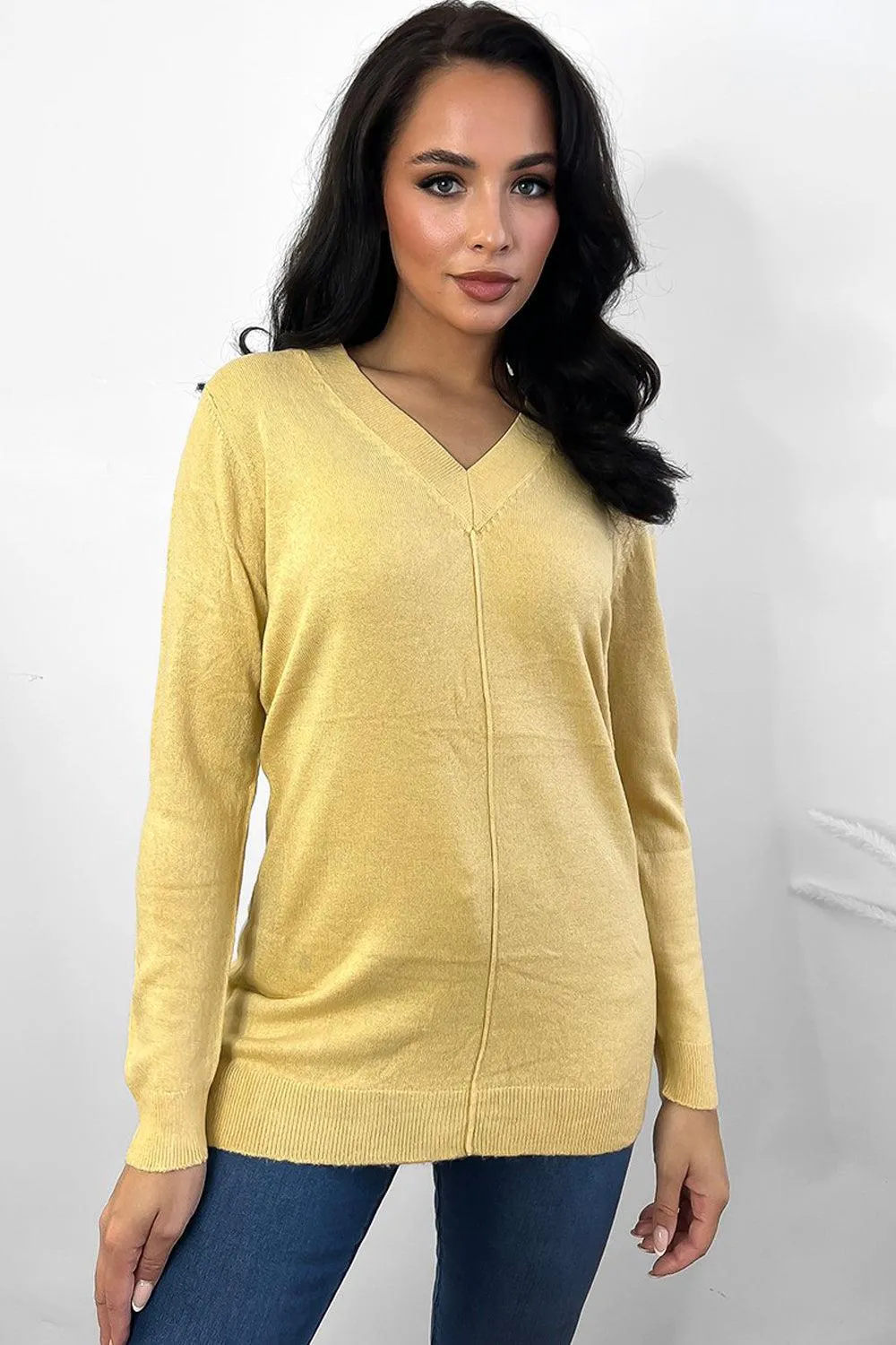 Front Seam V-Neck Soft Knit Pullover