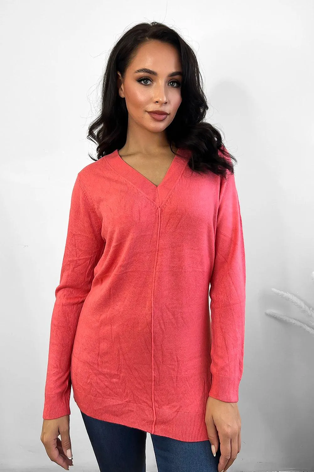 Front Seam V-Neck Soft Knit Pullover