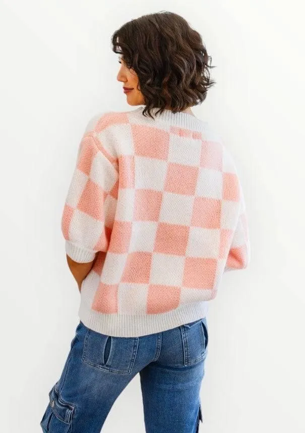 Full size short sleeve checkered sweater