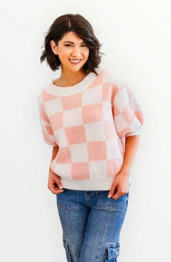 Full size short sleeve checkered sweater