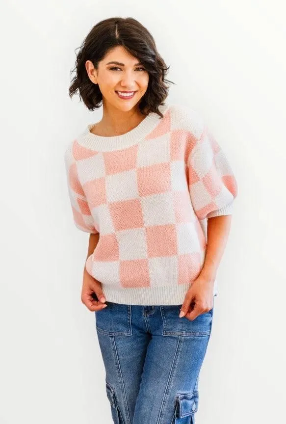 Full size short sleeve checkered sweater