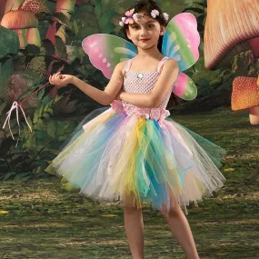 Girl Rainbow Butterfly Wings Princess Dress Flower Fairy Magic Dress Carnival Birthday Banquet Halloween Stage Performance Dress