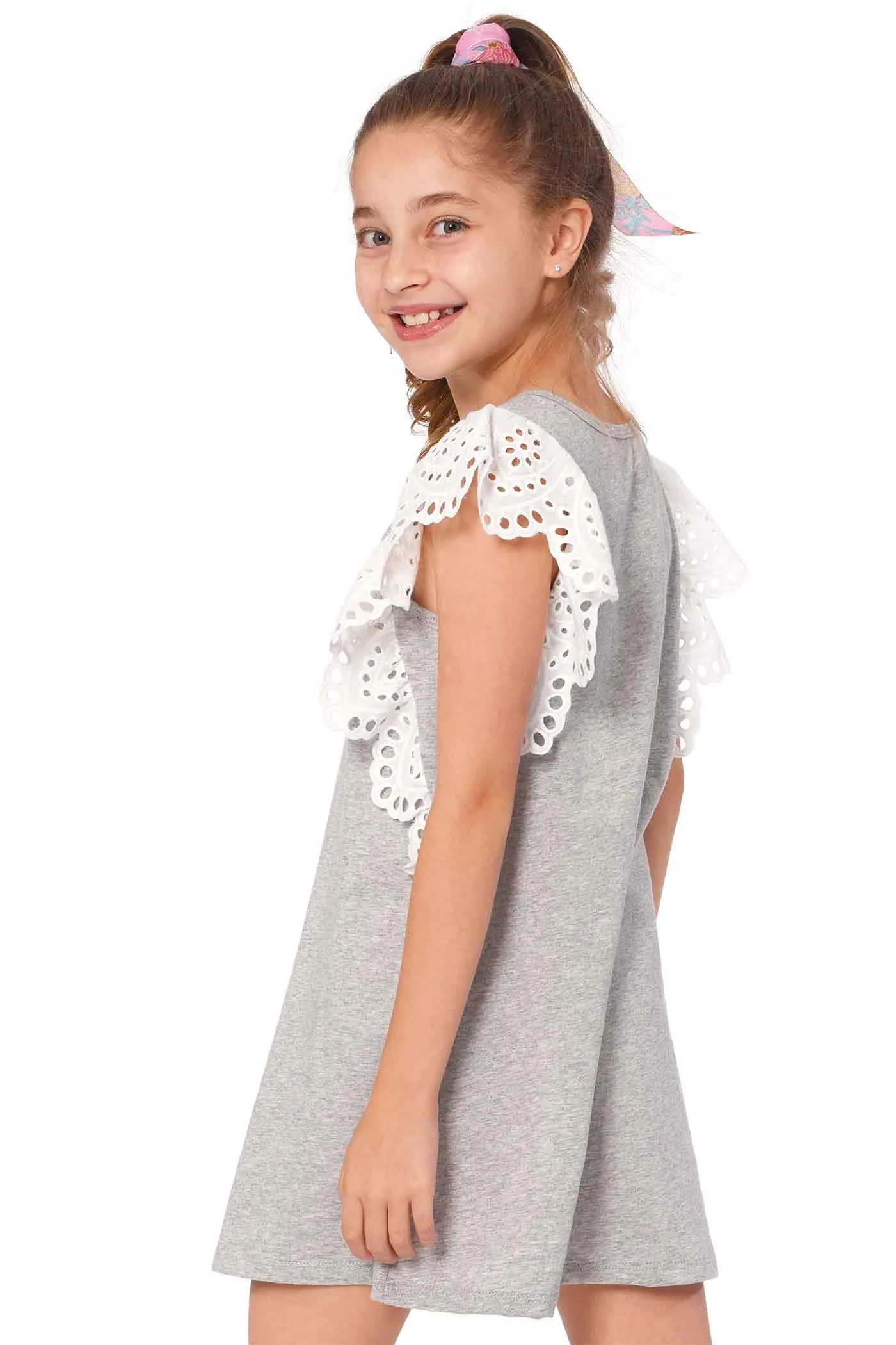 Girls Eyelet Lace Ruffle Sleeve A-line Knit Dress