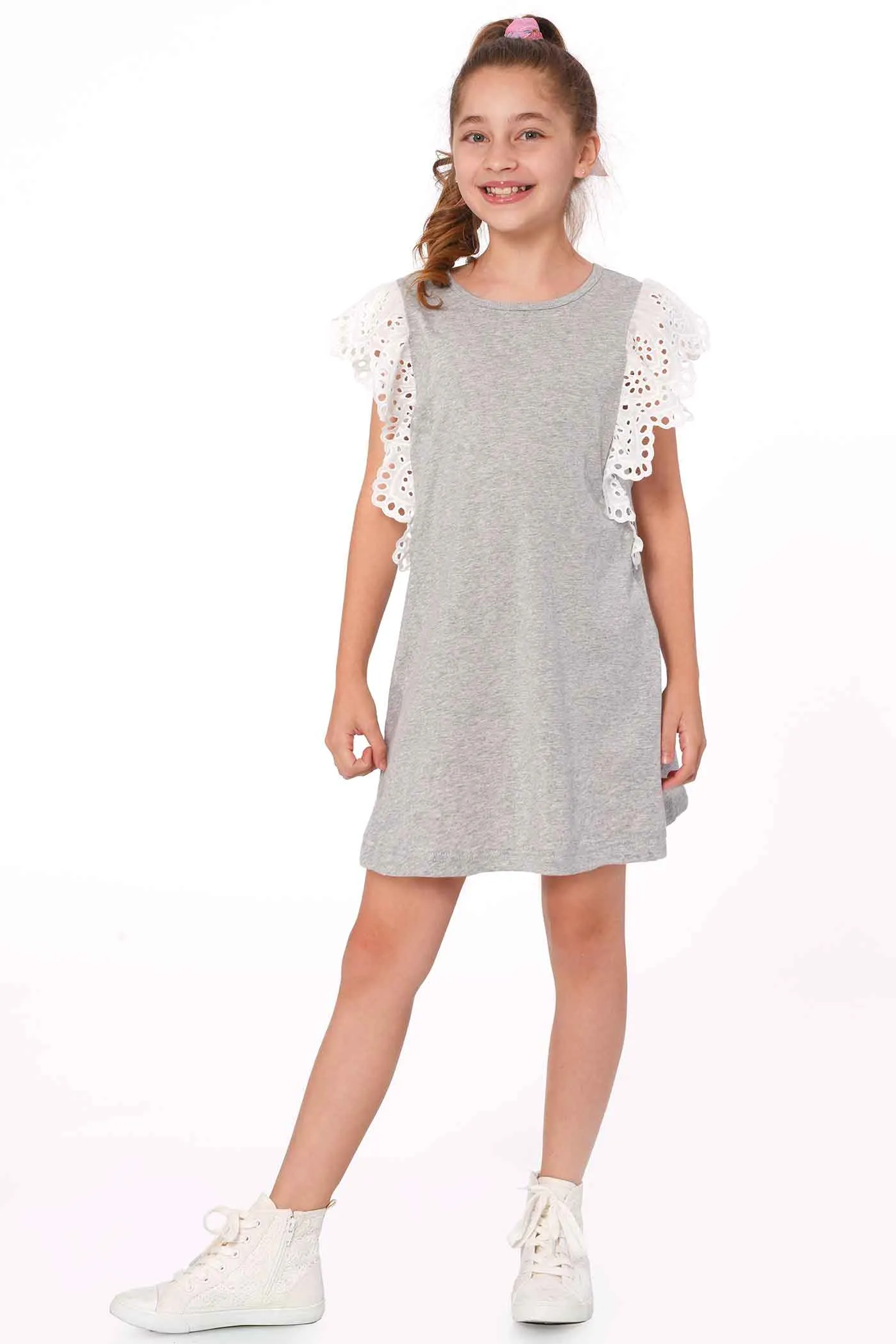 Girls Eyelet Lace Ruffle Sleeve A-line Knit Dress