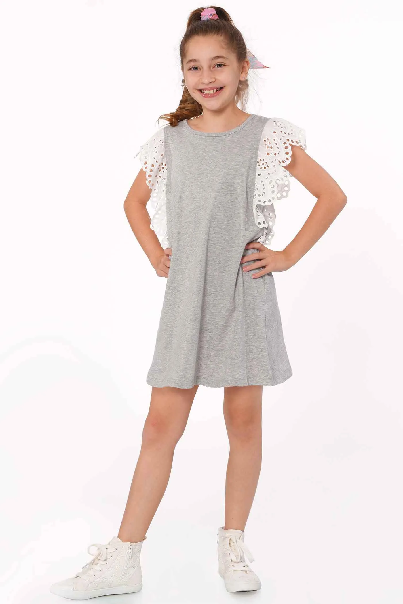 Girls Eyelet Lace Ruffle Sleeve A-line Knit Dress