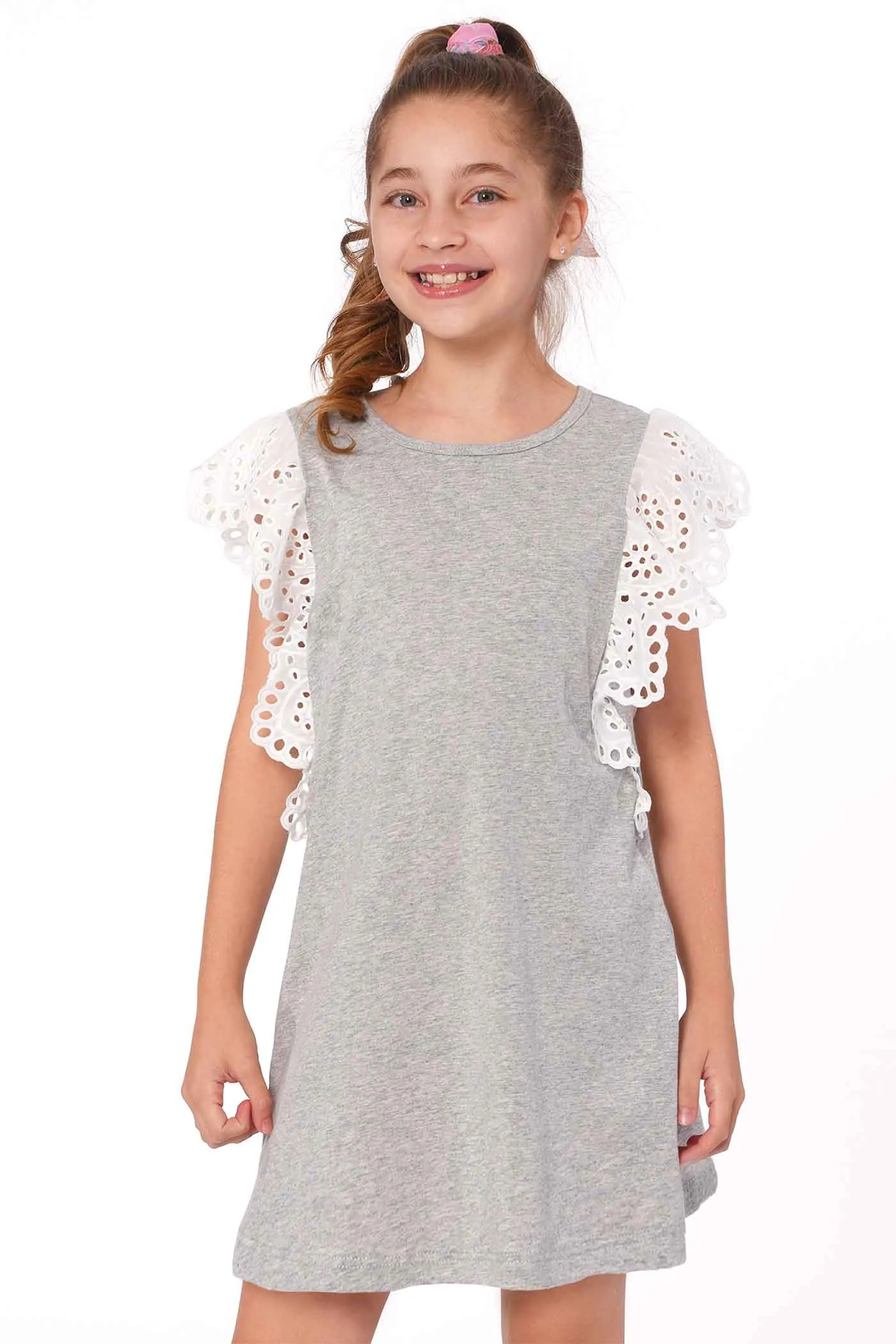 Girls Eyelet Lace Ruffle Sleeve A-line Knit Dress