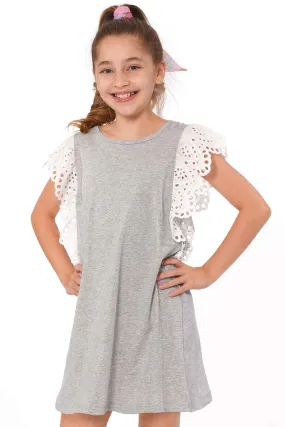 Girls Eyelet Lace Ruffle Sleeve A-line Knit Dress