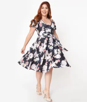 Hell Bunny Plus Size Navy Blue Floral Print Tussy Mussy Dress