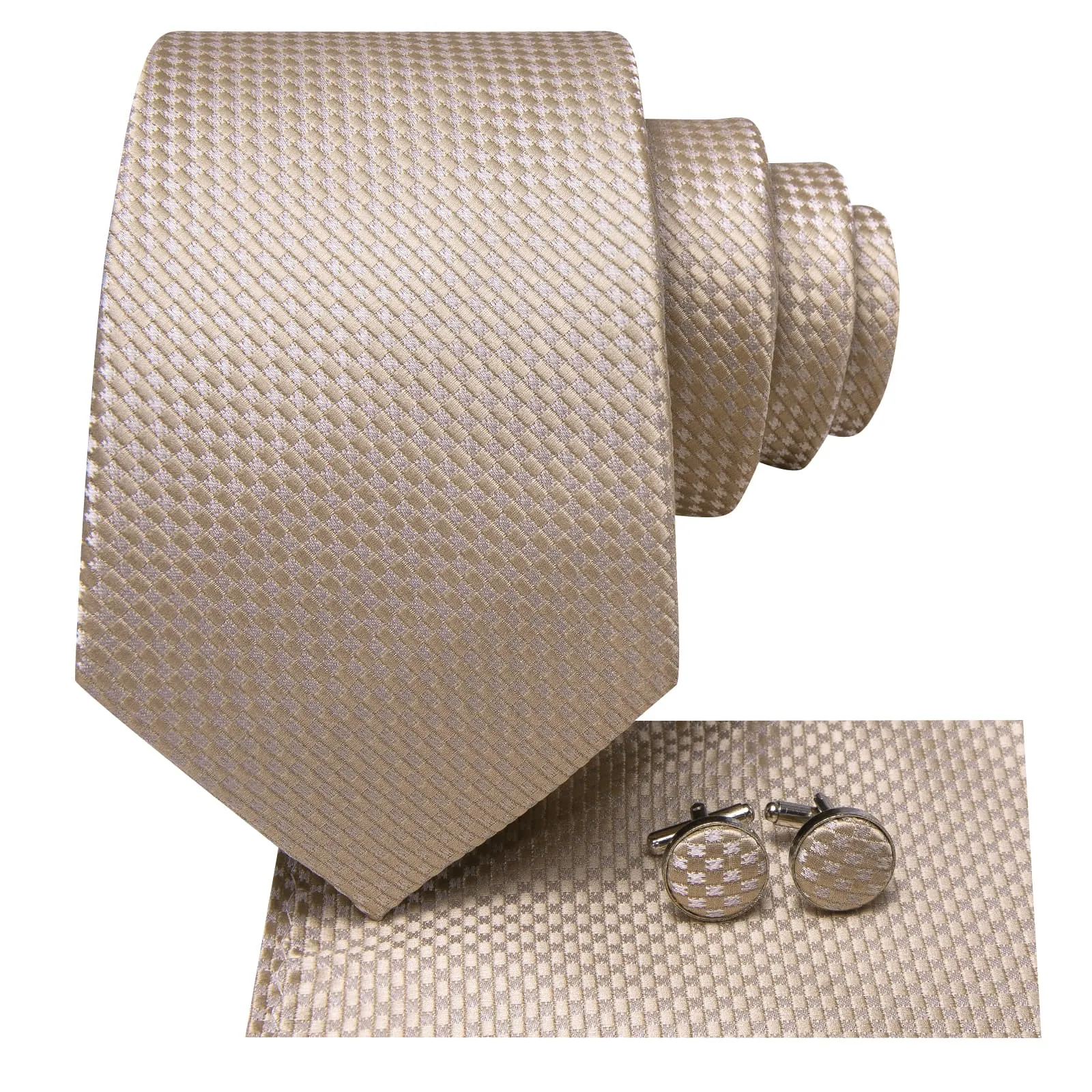 Hi-Tie Light Tan Plaid Silk Mens Tie Handkerchief Cufflinks Set