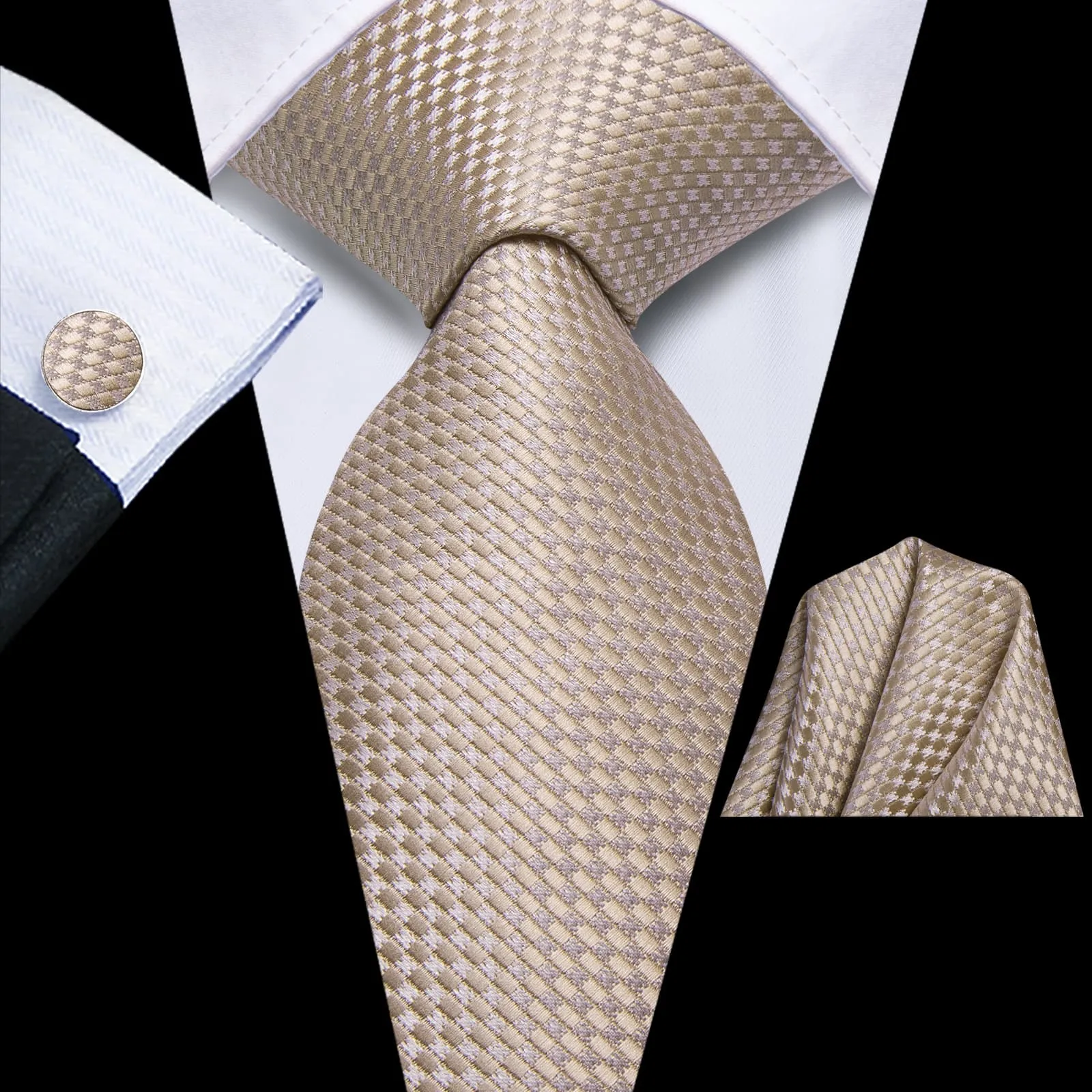 Hi-Tie Light Tan Plaid Silk Mens Tie Handkerchief Cufflinks Set