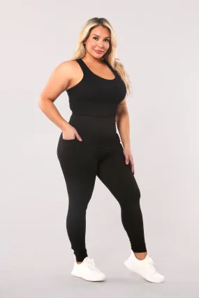 High Waist Rib Knit Leggings With Side Pockets - Black