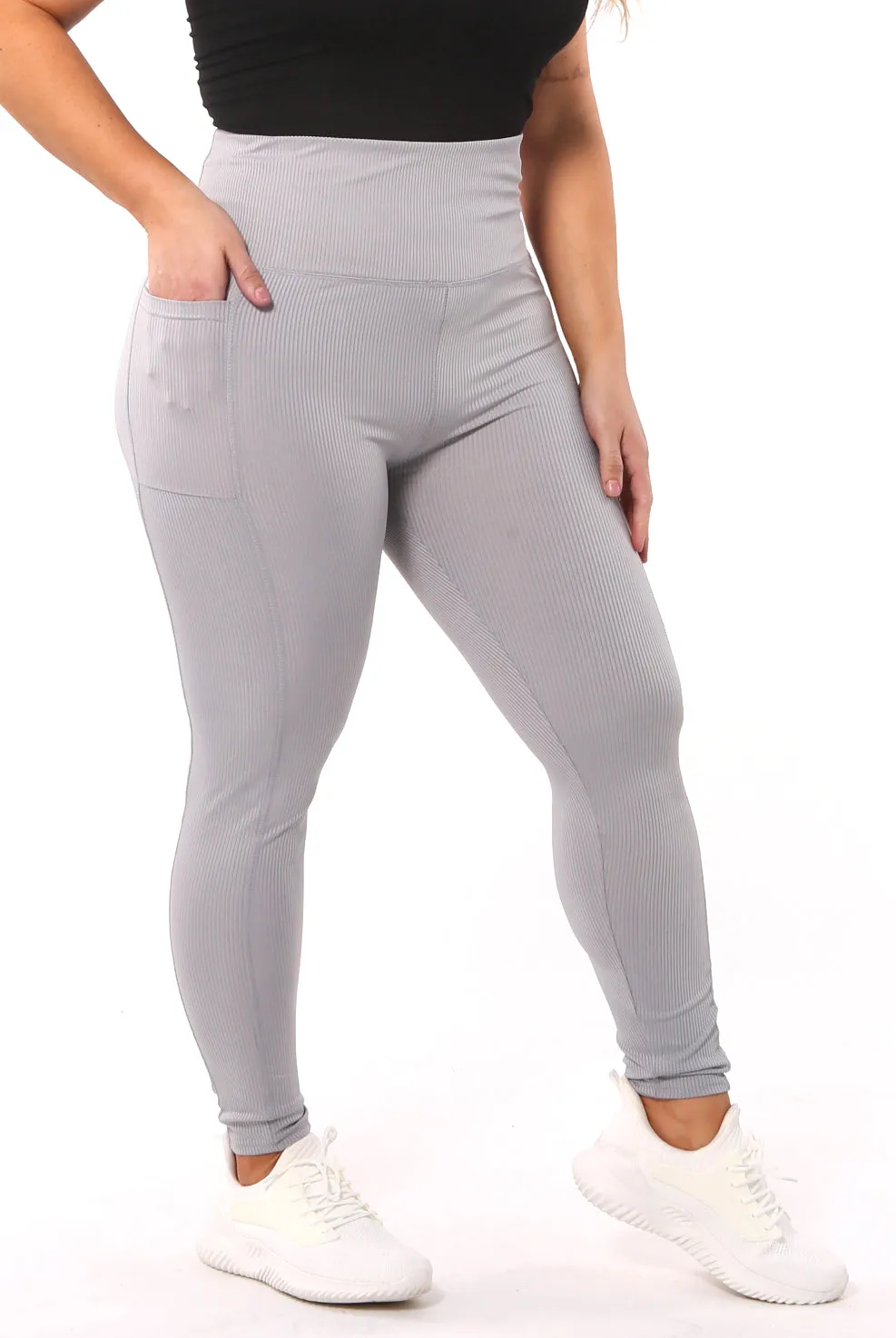 High Waist Rib Knit Leggings With Side Pockets - Grey