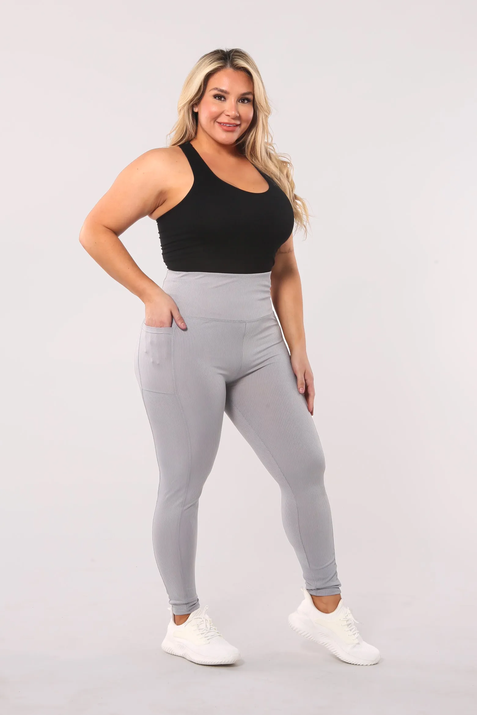 High Waist Rib Knit Leggings With Side Pockets - Grey