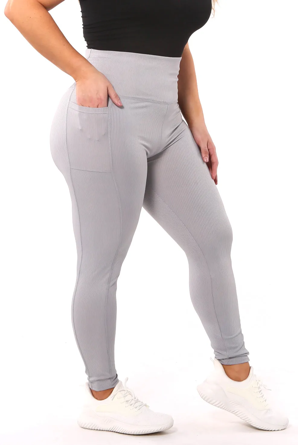 High Waist Rib Knit Leggings With Side Pockets - Grey