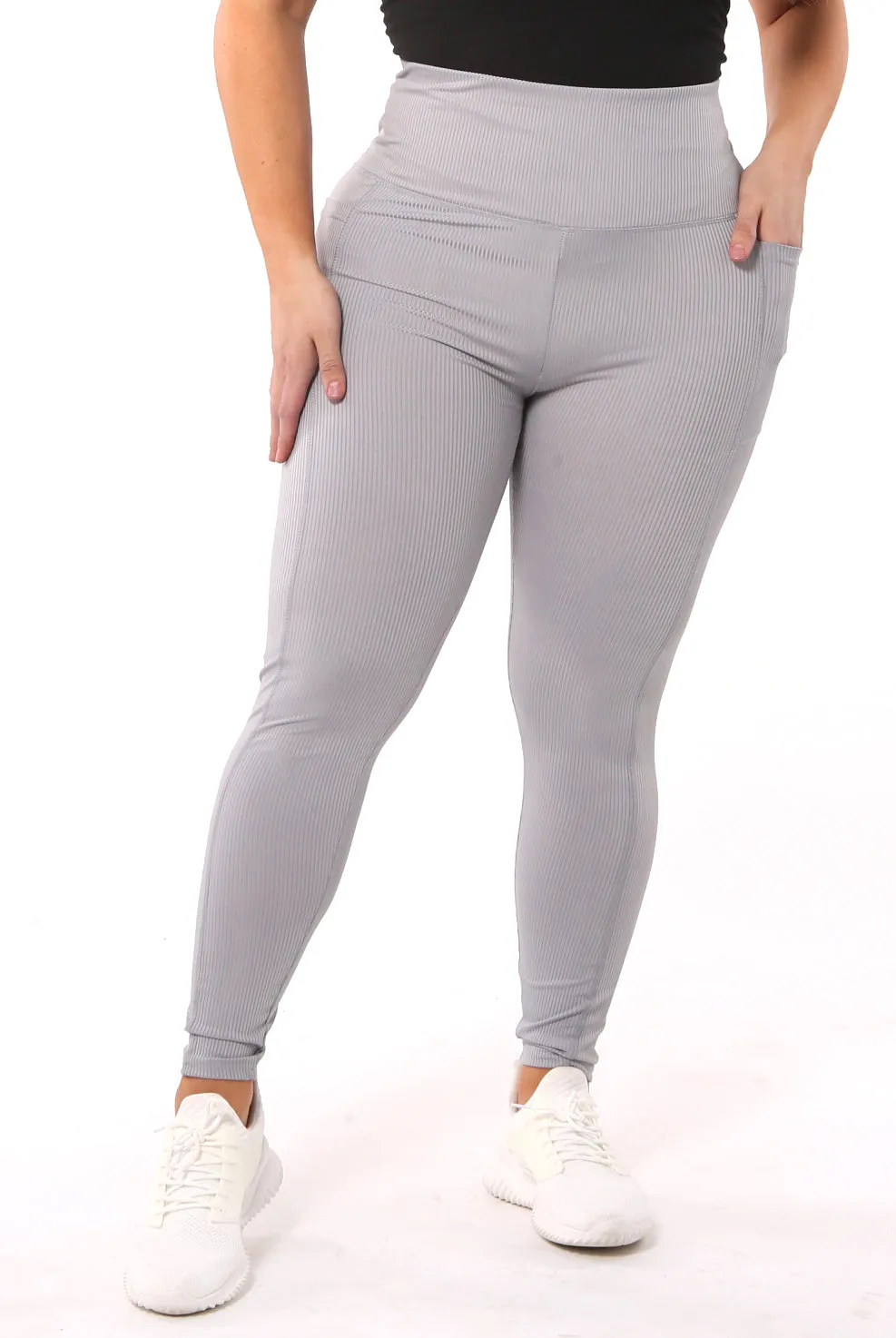 High Waist Rib Knit Leggings With Side Pockets - Grey