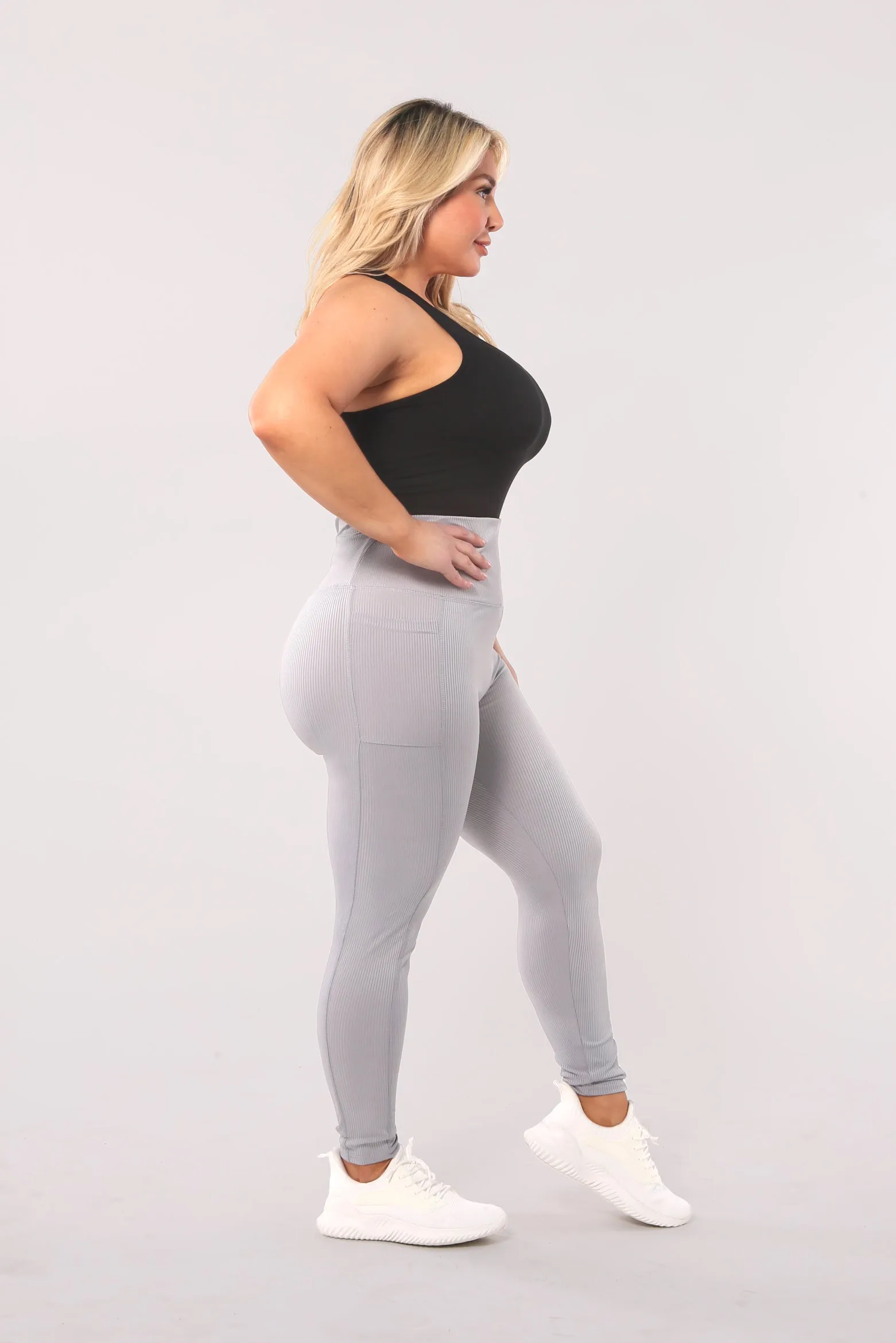 High Waist Rib Knit Leggings With Side Pockets - Grey