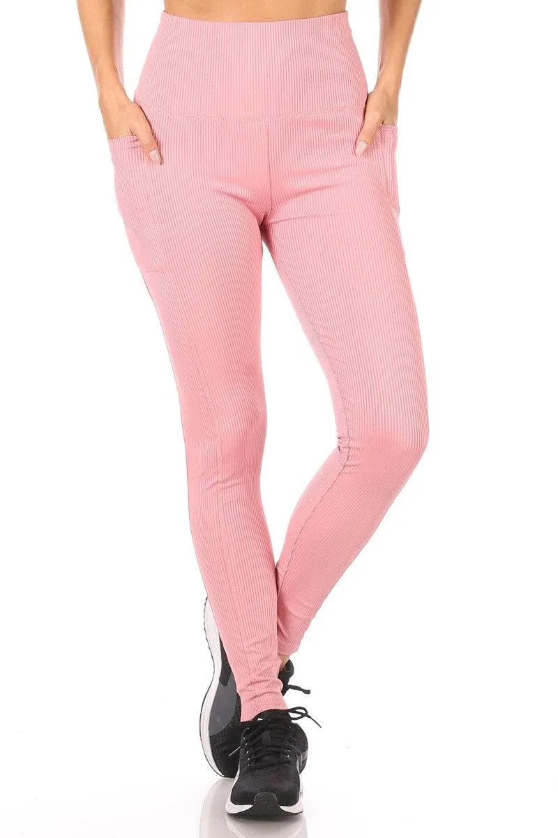 High Waist Rib Knit Leggings With Side Pockets - Mauve