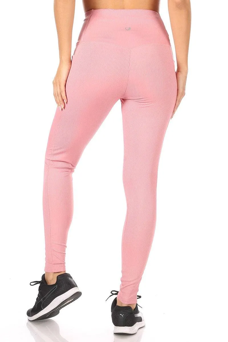 High Waist Rib Knit Leggings With Side Pockets - Mauve