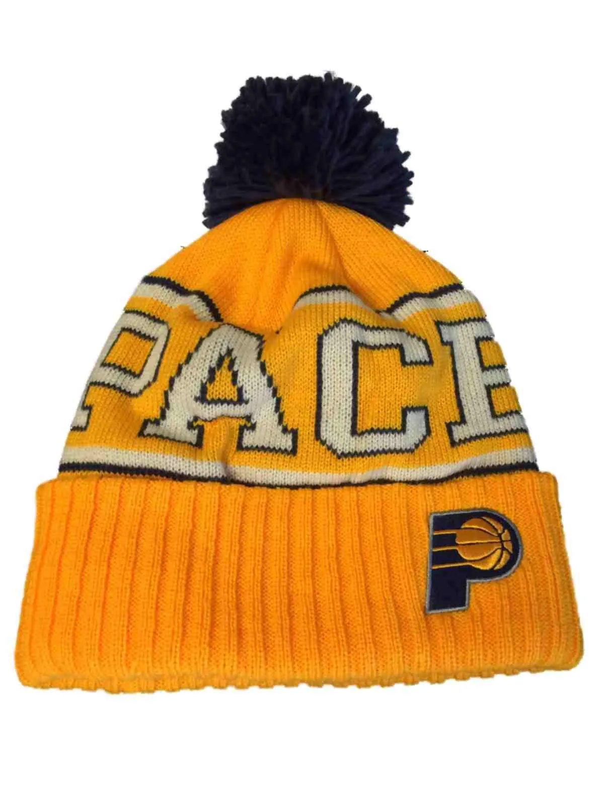 Indiana Pacers Adidas Yellow Acrylic Knit "Pacers" Cuffed Beanie Hat Cap w/ Poof