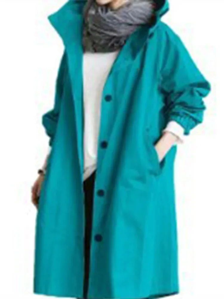 Korean Fashion Hooded Medium Long Casual Solid Color Pocket Long Sleeve Autumn Winter Stylish Coat