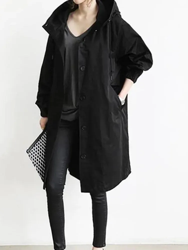 Korean Fashion Hooded Medium Long Casual Solid Color Pocket Long Sleeve Autumn Winter Stylish Coat