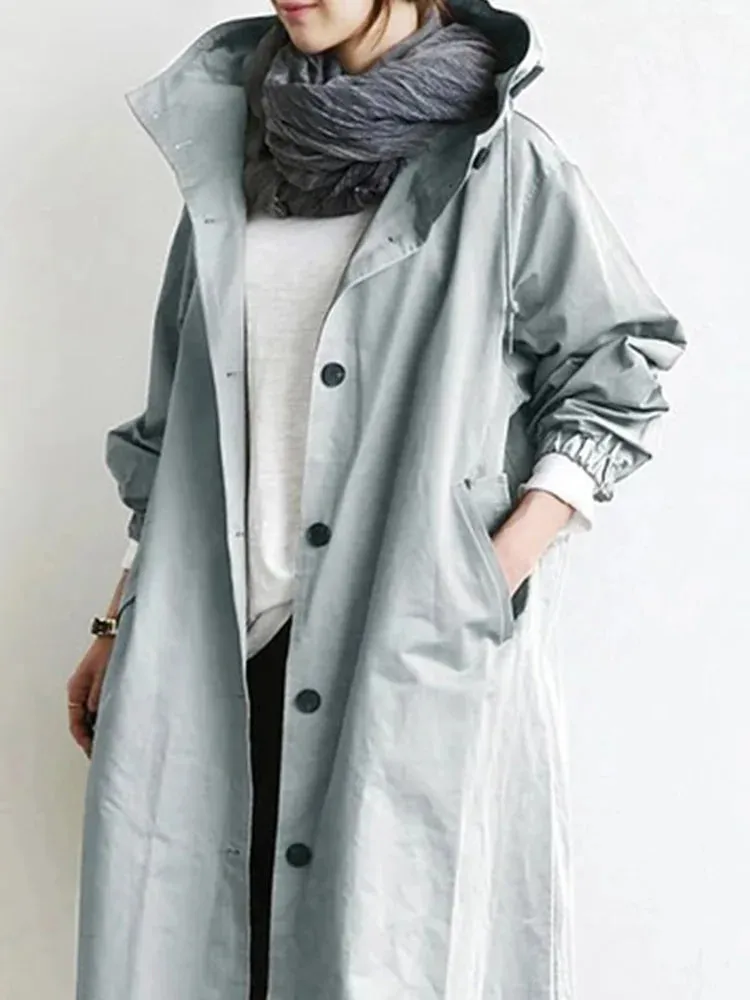 Korean Fashion Hooded Medium Long Casual Solid Color Pocket Long Sleeve Autumn Winter Stylish Coat