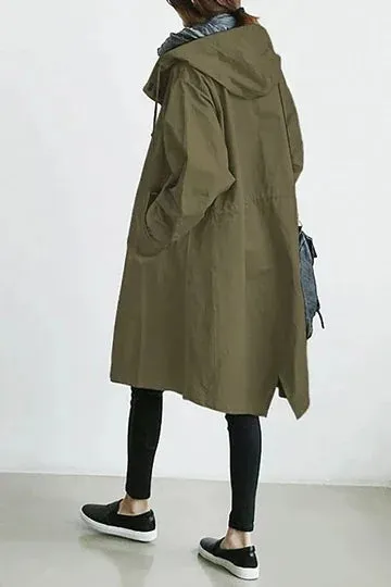 Korean Fashion Hooded Medium Long Casual Solid Color Pocket Long Sleeve Autumn Winter Stylish Coat