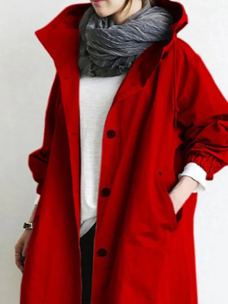 Korean Fashion Hooded Medium Long Casual Solid Color Pocket Long Sleeve Autumn Winter Stylish Coat