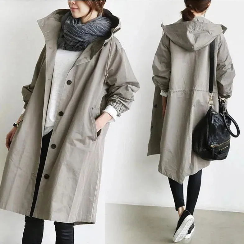 Korean Fashion Hooded Medium Long Casual Solid Color Pocket Long Sleeve Autumn Winter Stylish Coat