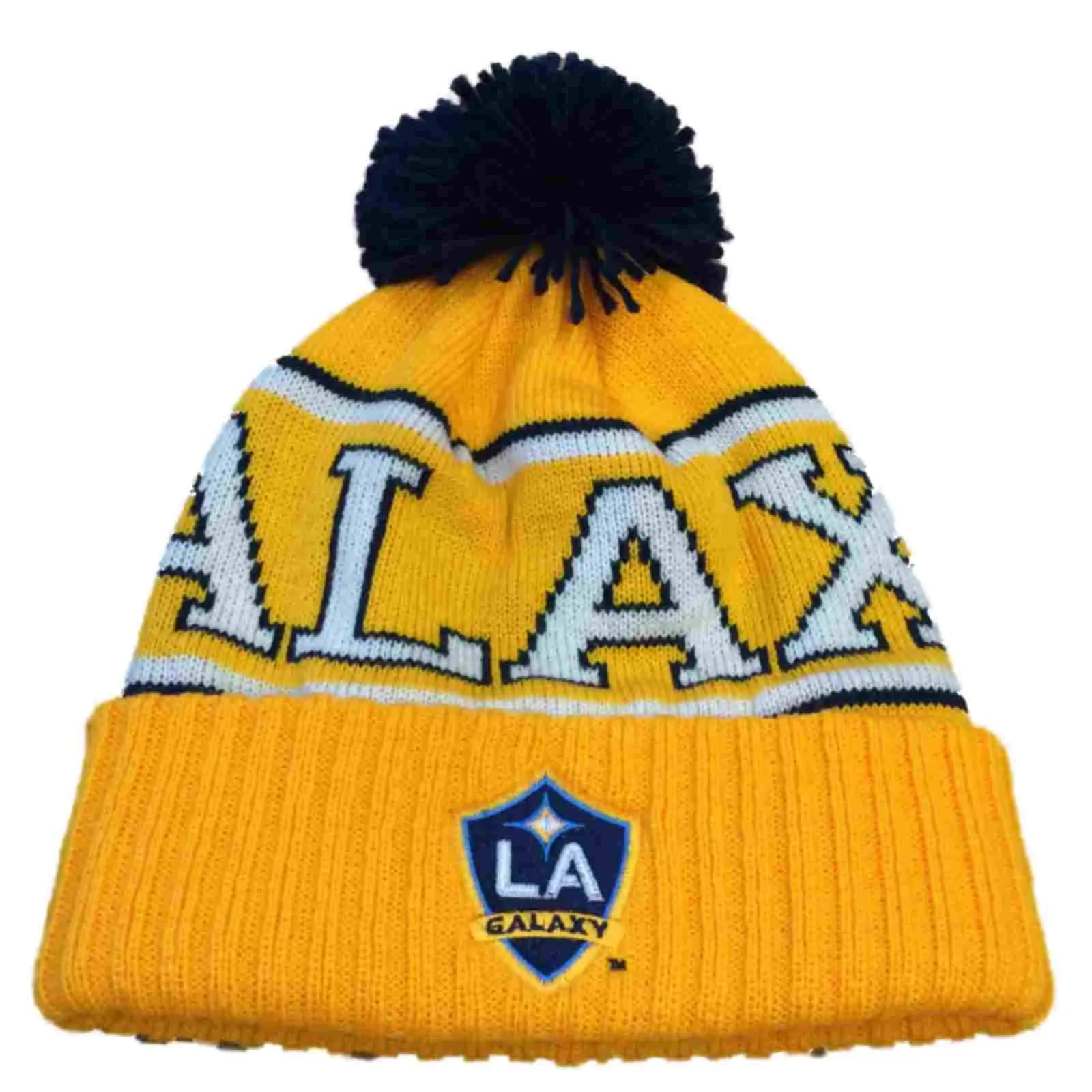 LA Galaxy MLS Adidas Yellow Acrylic Knit  Beanie Hat Cap with Large Poof Ball