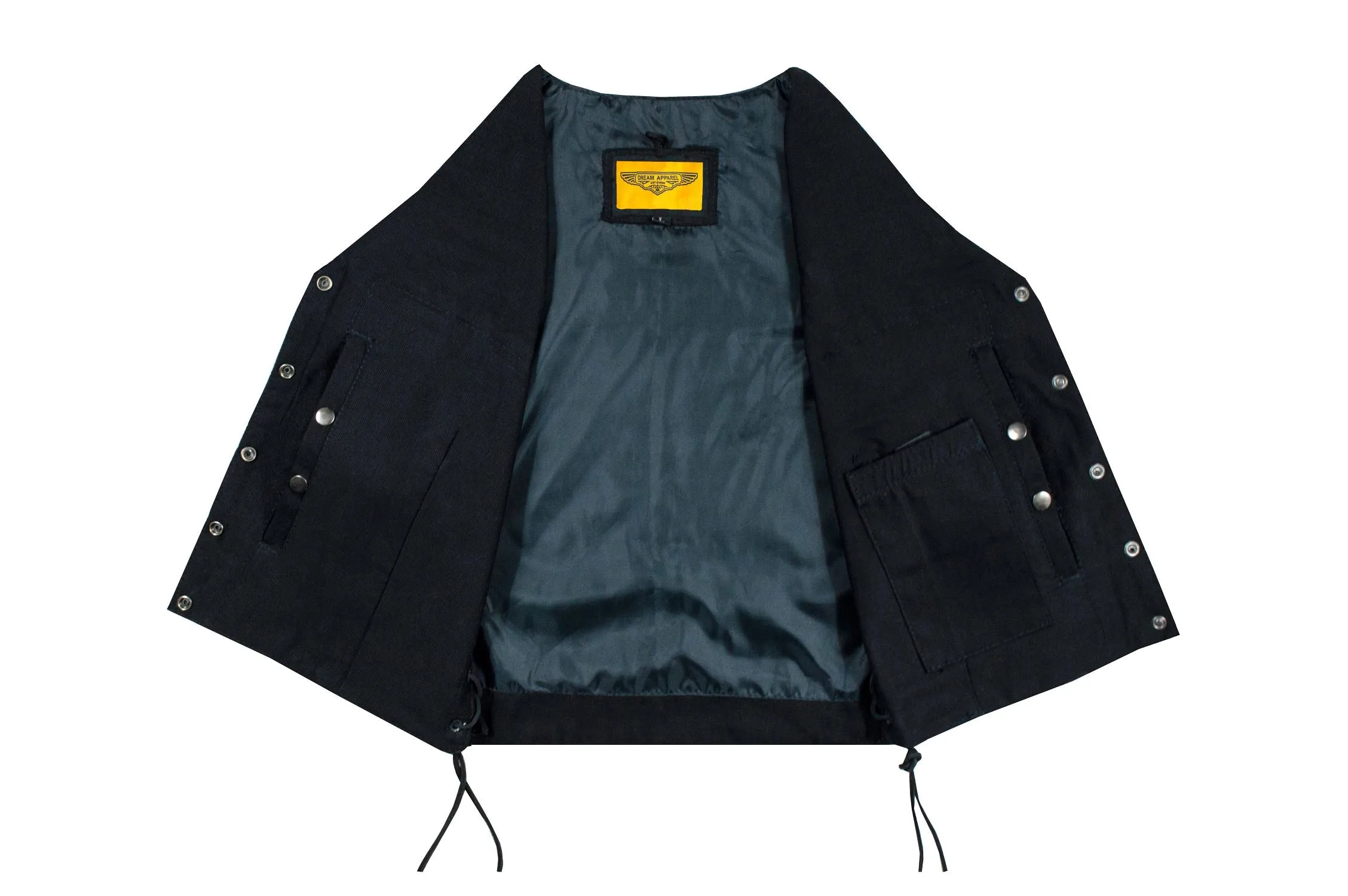 Ladies Black Denim, Side Laces 5 Snap Front Denim Vest