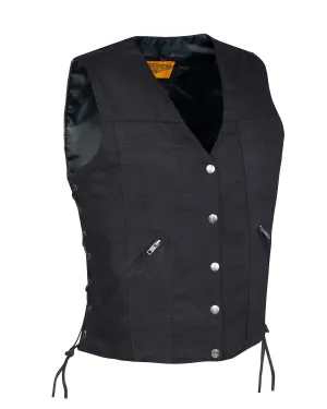 Ladies Black Denim, Side Laces 5 Snap Front Denim Vest