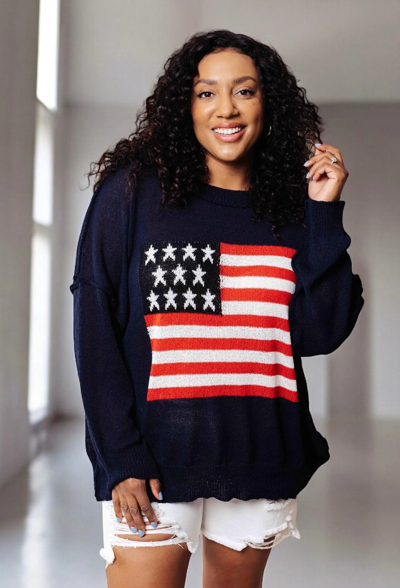 Lightweight American Flag Sweater Knit Pullover