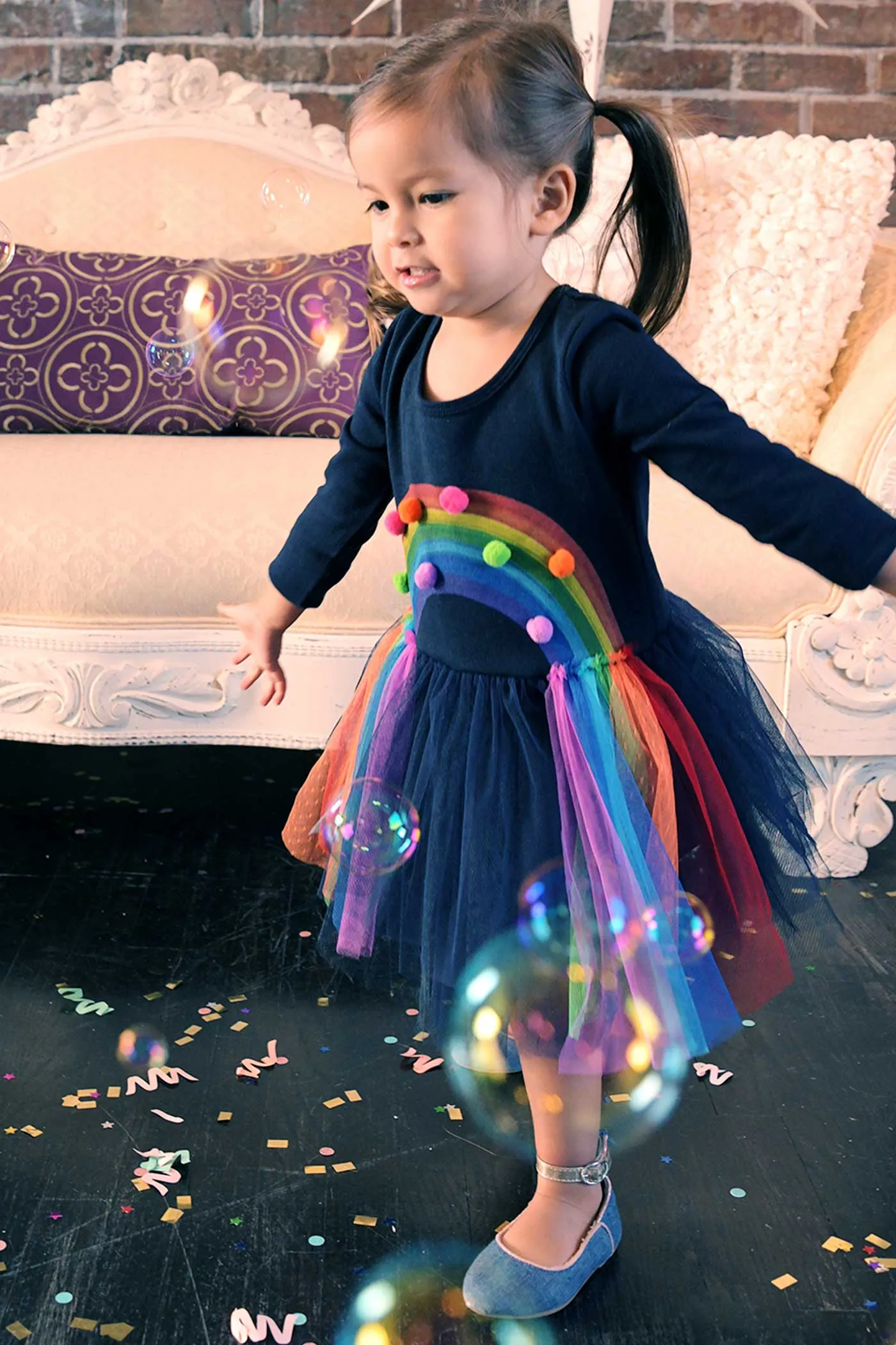 Little Girls Long Sleeve Rainbow Tutu Dress