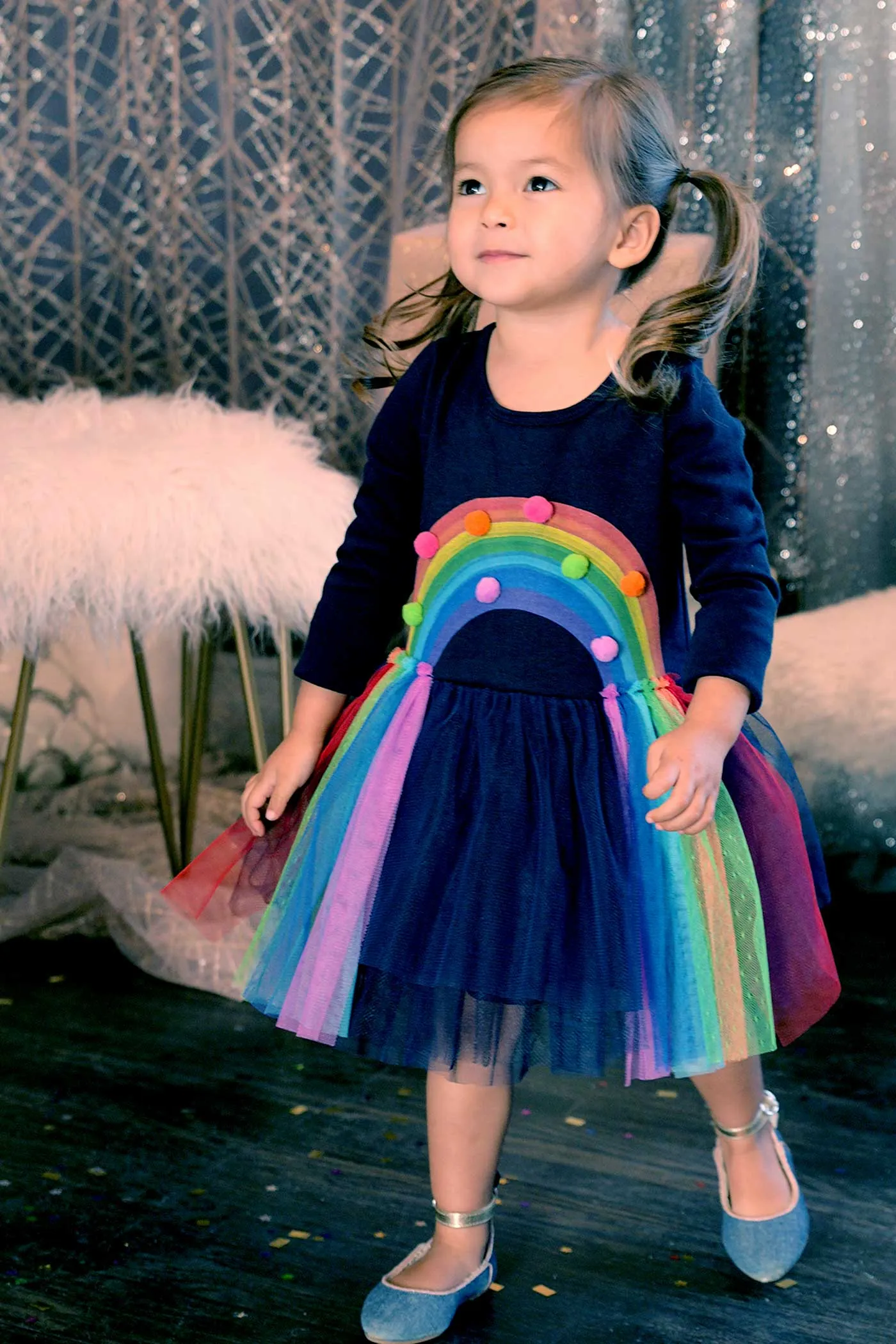 Little Girls Long Sleeve Rainbow Tutu Dress