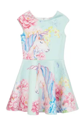 Little Girls Unicorn and Flower Skater Dress