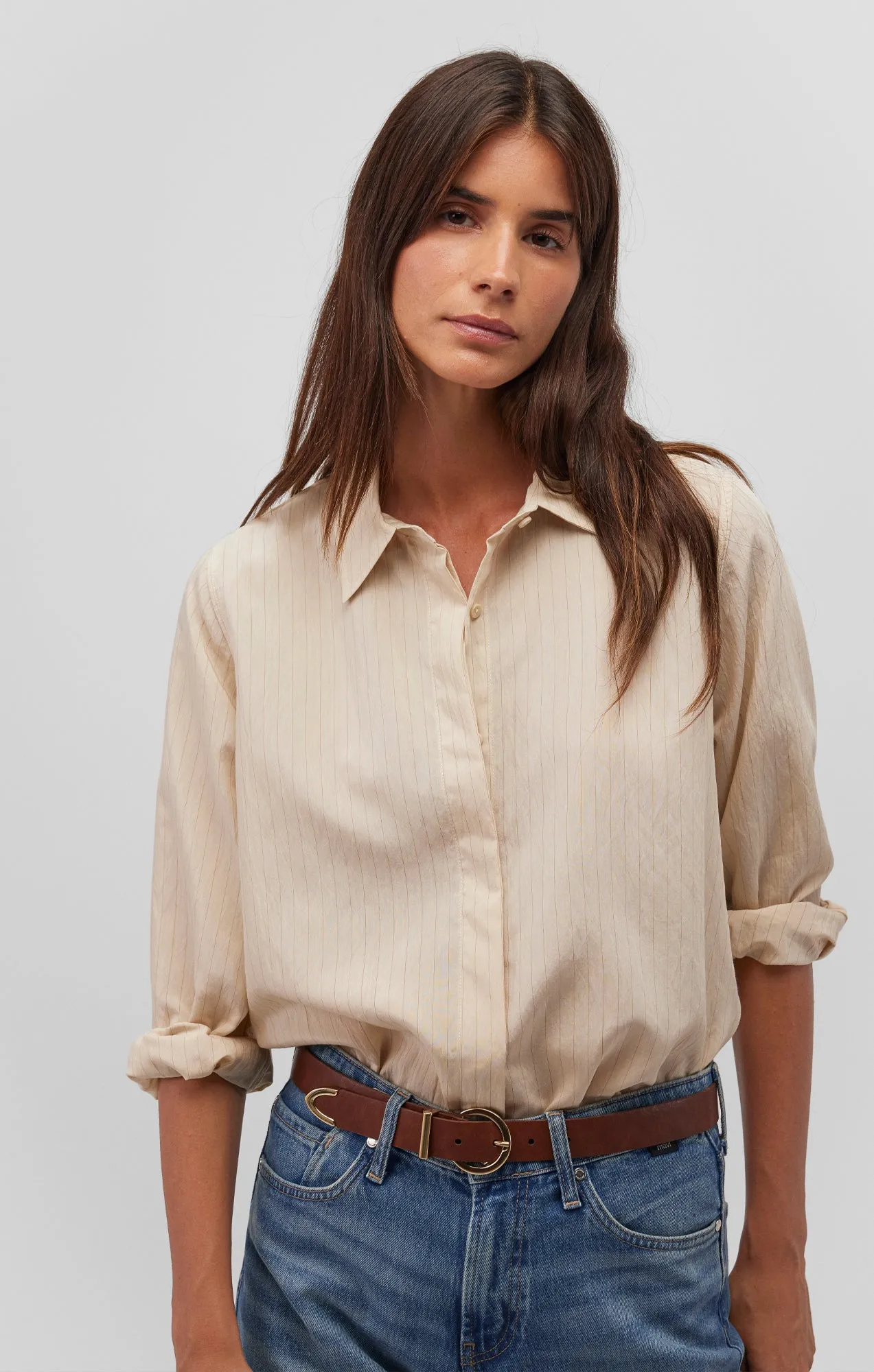 LONG SLEEVE BUTTON-UP SHIRT IN COCONUT MILK STRIPE