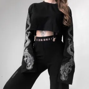 Long Sleeve dark Gothic dragon print loose fit Street Hipster Punk crop Sweater jacket