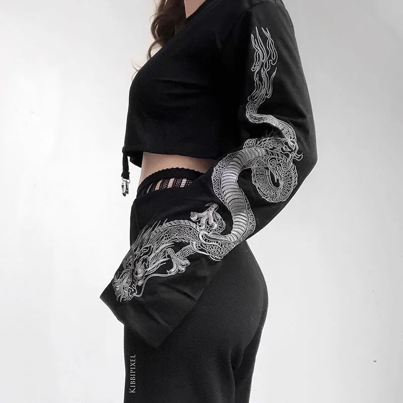 Long Sleeve dark Gothic dragon print loose fit Street Hipster Punk crop Sweater jacket