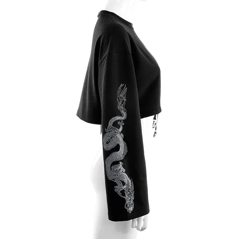 Long Sleeve dark Gothic dragon print loose fit Street Hipster Punk crop Sweater jacket