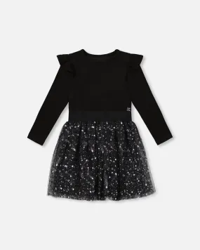 Long Sleeve Dress With Glittering Tulle Skirt Black