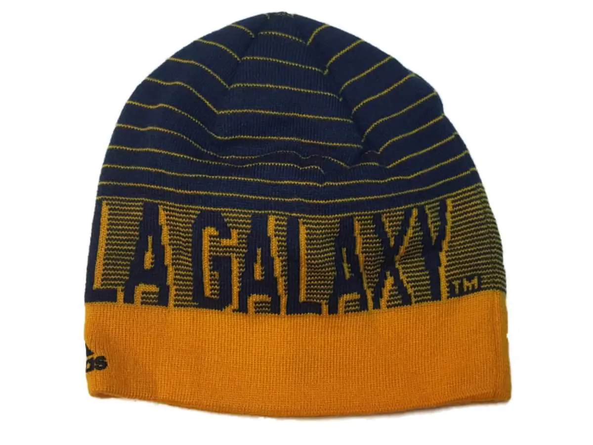 Los Angeles Galaxy Adidas Navy Yellow Stripe Acrylic Knit Skull Beanie Hat Cap