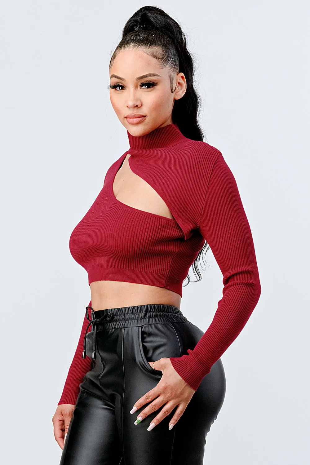 LUX SWEATER RIB ASYMMETRICAL MOCK NECK CROP TOP